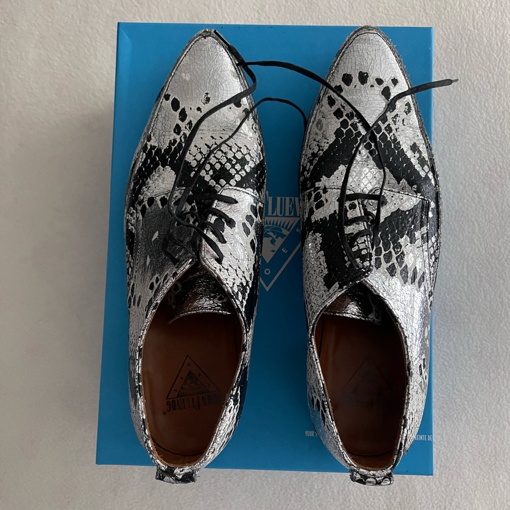 John Fluevog silver and black snakeskin shoes